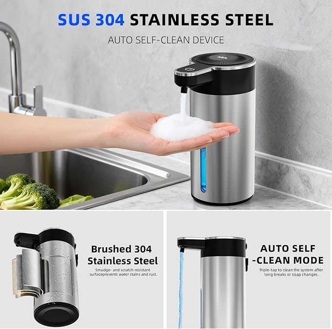 Touchless Automatic Foaming Soap Dispenser for Kitchen, Rechargeable, 13.5oz Large Capacity, Fast Sensor, 4 Adjustable Liquid Levels, Waterproof, Clog-Free Pump(Stainless Steel Foam)