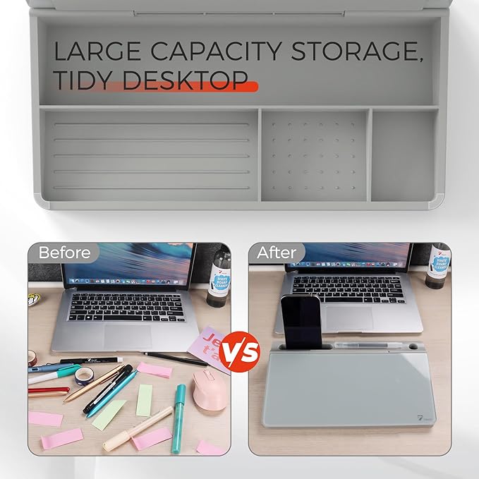 TOWON Small Compact Glass Desktop Whiteboard with Storage – 12 x 7 in Dry Erase Board for Desk, Home Office, School | Includes 5 Markers, Eraser & Holder | Space-Saving Organizer, Aesthetic Gray