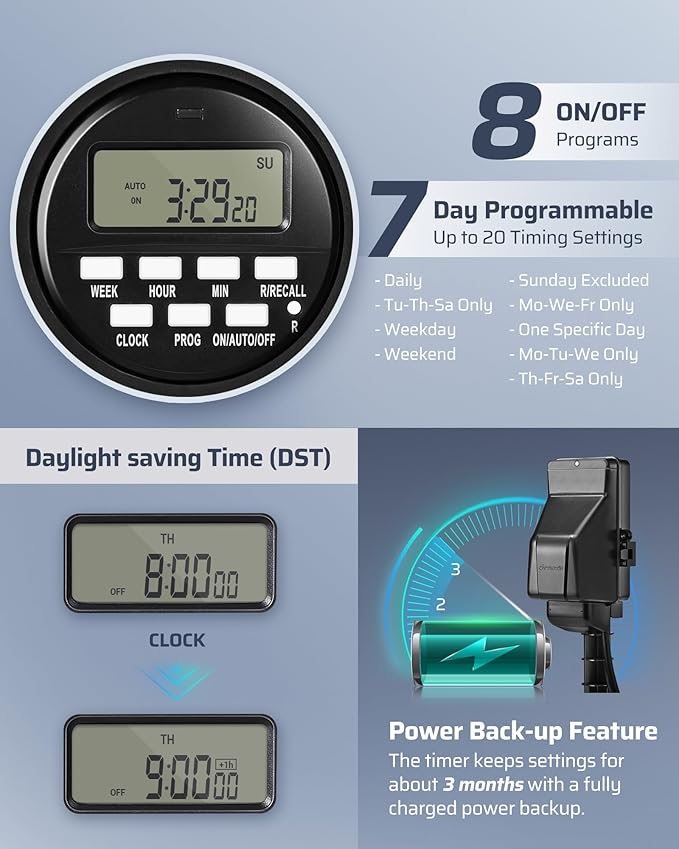 DEWENWILS Outdoor Digital Power Strip Timer, Multi Sockets, Waterproof 6 Outlets Garden Power Stake, 6ft Cord, Digital Timer for Lights, Yard, Garden, 15A Heavy Duty