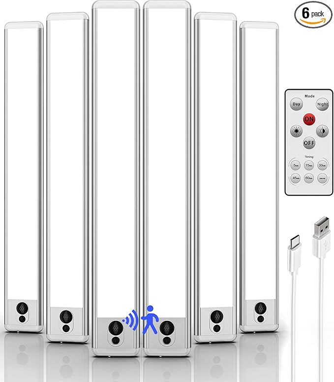 EZVALO 6 Pack Under Cabinet Lights, 14.5'' Magnetic Motion Sensor Light, 4000mAh Rechargeable Closet Light with Remote & Timer, Dimmable 5700K Cool White for Kitchen, Closet, Stairs, Hallway