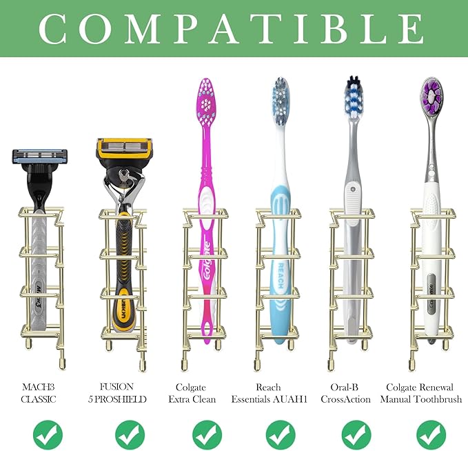 Linkidea Wall Mount/Countertop Toothbrush Holder for Shower, Stainless Steel Toothpaste Stand, 3 Slots Organizer Compatible with Colgate Extra Clean, Oral-B CrossAction (Gold)