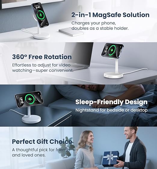 Magnetic Wireless Charger iPhone, 2 Pack 15W Fast Mag-Safe Charger Stand for iPhone 17/17 Air/17 Pro/17 Pro Max 16/15/14/13/12 Series, Wireless Charging Station for Pad/AirPods(White)