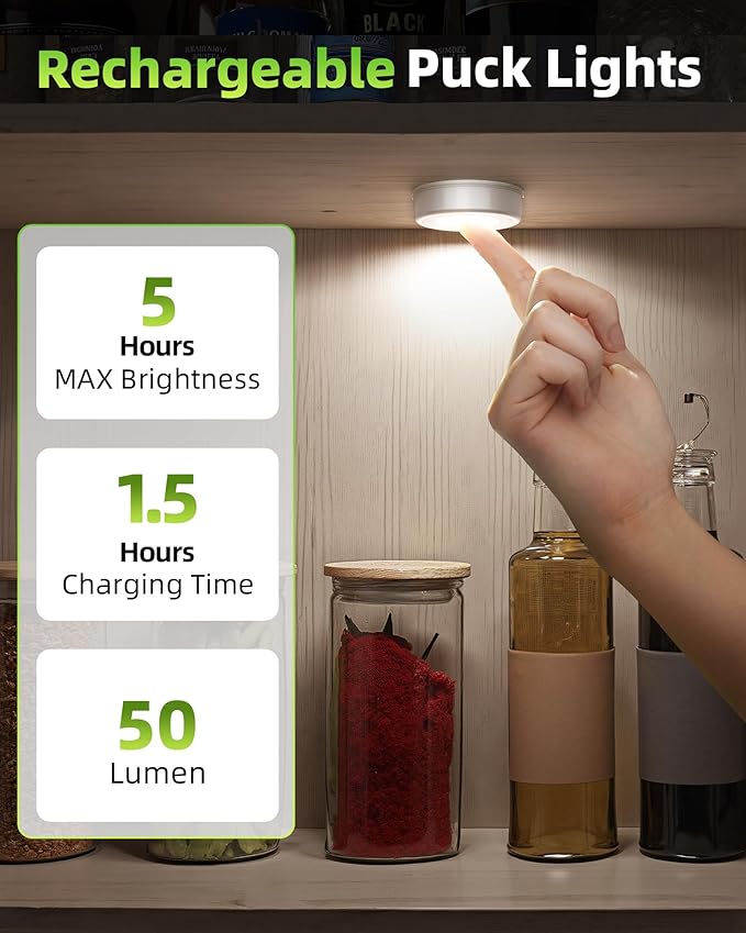EZVALO LED Puck Lights with Charging Station, Rechargeable Stick On Tap Lights, Wireless Closet Light, 3 Color Temps, Under Cabinet Lights, 2.5'' Mini Touch Light for Kitchen,Pantry,Shelves(4 Pack)