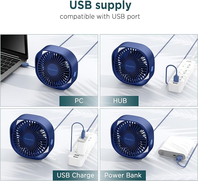 EasyAcc USB Small Desk Fan, Slumber Pod Fan [360°Rotatable Head &Powerful ] 3 Speeds Portable Personal Table Travel Fan for Sleeping Desk Cruise Ship Dorm Bedroom Office (No Battery)