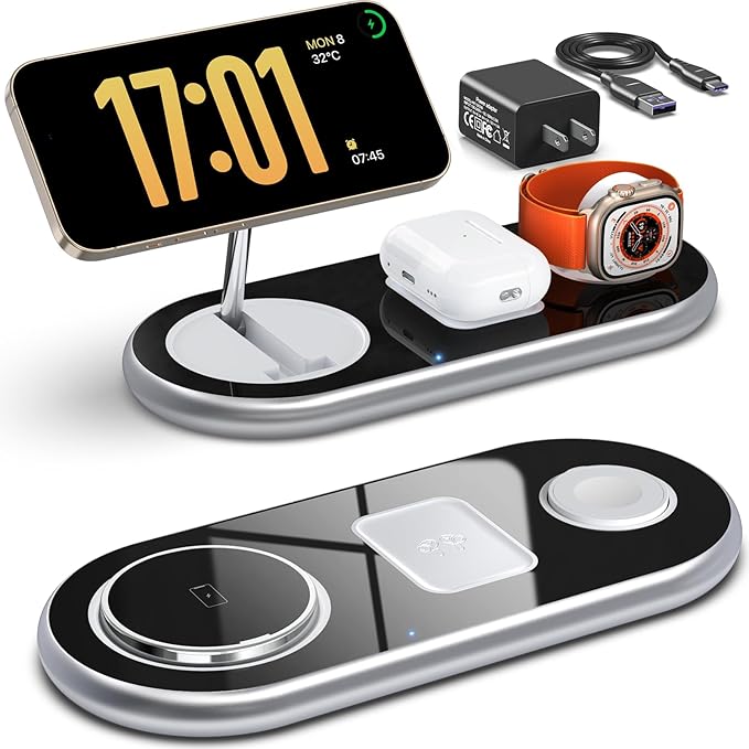 3 in 1 Charging Station for Apple Devices, Faster Mag-Safe Charger Stand, Magnetic Wireless Charger Station for iPhone 17 16 15 14 13 12 Pro Max Plus, Apple Watch iwacth & AirPods, Adjustable Angle