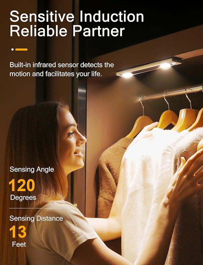 YIGER Under Cabinet Lights, Wireless Motion Sensor Light Indoor,10in LED Warm Lighting Rechargeable Battery Operated,4 Modes Night Light, Stick-On Magnetic Closet Lights for Kitchen, Hallway(2 Pack)