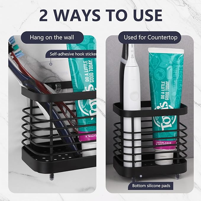 Wall Mount Toothbrush Holder for Bathroom, Stainless Steel Rustproof Toothbrush and Toothpaste Holder Organizer, Electric Toothbrush Holder Self Adhesive Wallmount/Countertop Organizer(Black Small)