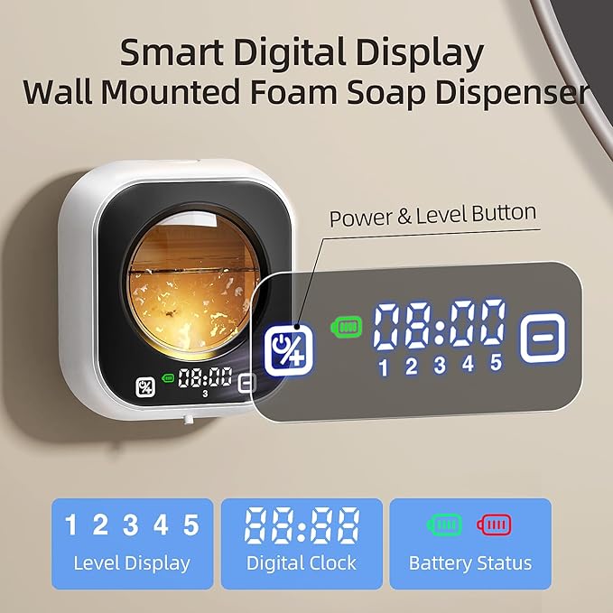 Automatic Foaming Soap Dispenser, Wall Mounted Soap Dispenser, 320ML Electric Smart Touchless Rechargeable, 5 Adjustable Foam Levels, No-Drill Waterproof for Bathroom, Kitchen, Office (White)
