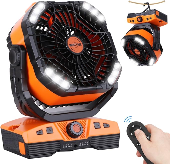 WESTTREE 20000mAh Camping Fan Oscillating Portable Fan Battery Powered Fans Rechargeable Camping essentials with Light Hook, 270° Pivot USB Desk Battery Operated Outdoor Tent Travel