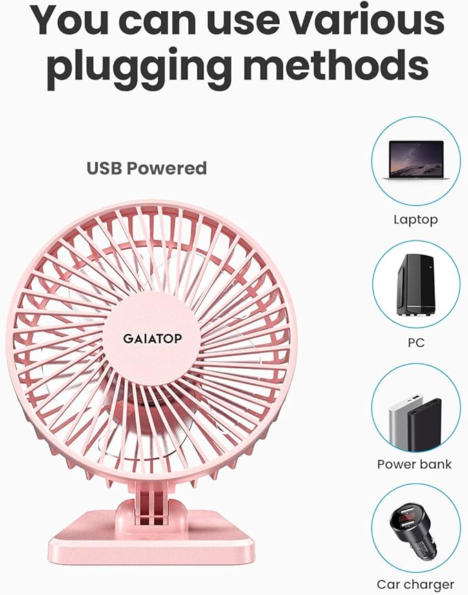 Gaiatop USB Desk Fan, Small But Powerful, Personal Portable Quiet 3 Speeds, Adjustable Mini Table Desktop fan for Cooling Home Office Car Summer Travel Gifts Pink