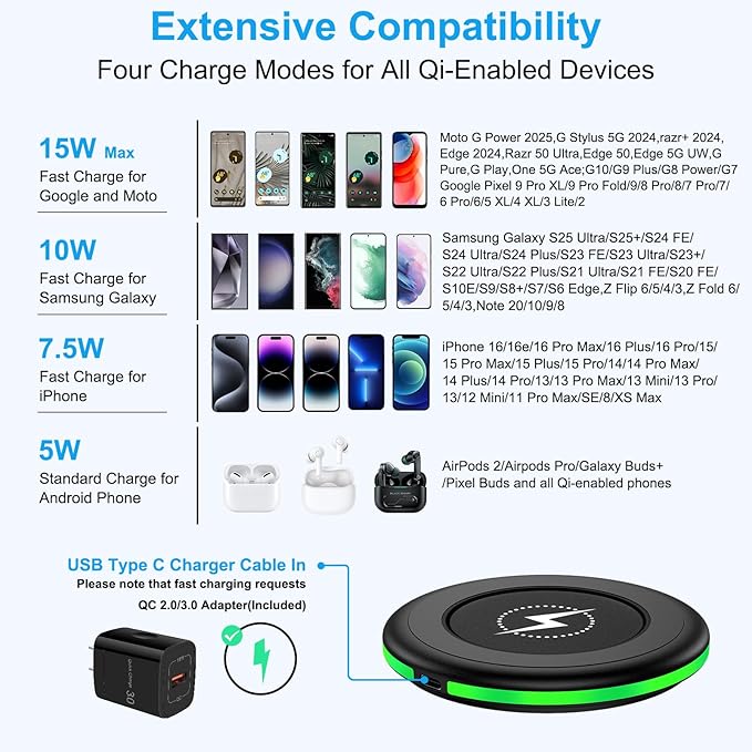 Samsung Wireless Charger Fast Charging Pad for Samsung Galaxy S26 Ultra/S25 Ultra/S25 Plus/S24FE/S23/S22/S21/S20,15W Android Phone Wireless Charging Station with Adapter for Google Pixel 10Pro XL 9a 8