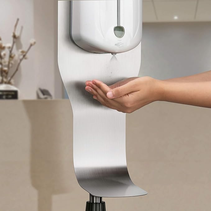 New Star Foodservice 1028881 Freestanding Adjustable Floor Stand for Hand Sanitizer Dispenser with Drip Tray and Weighted Base, Customizable, Stainless Steel, Round Base