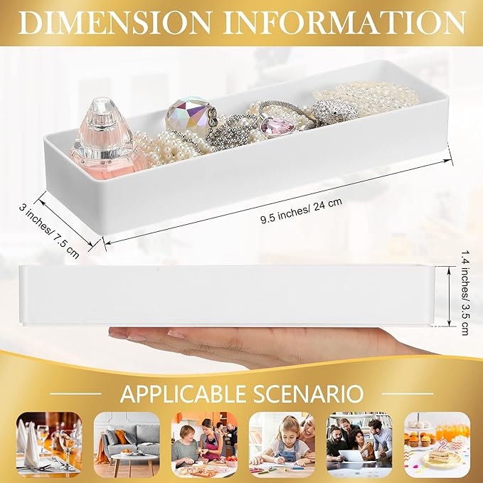 4 Pack Plastic Drawer Organizer 9.5 x 3 x 1.4 Inch Tabletop Organizer Tray Stationery Holder White Half Accessory Tray Stackable Storage Container for Vanity Office Home Utensils Gadgets Shelf Kitchen