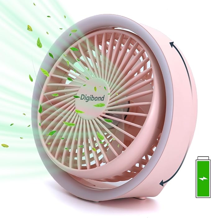 Digibond Pink Desk Fan, Small Quiet with Ambient Light/Hook Portable USB Fan 5.3in High Power 3000mAH Rechargeable Battery Operate 3 Speed 180°Rotated Easy Clean