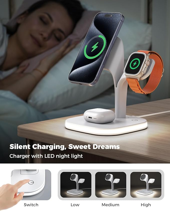EXW for Magsafe Charger Stand,Charging Station for Multiple Devices,Wireless Charger for iPhone 17 Air 16 15 14 13 12 Series,Apple Watch Series 1-10/Ultra,AirPods Pro with LED and Adapter (White)