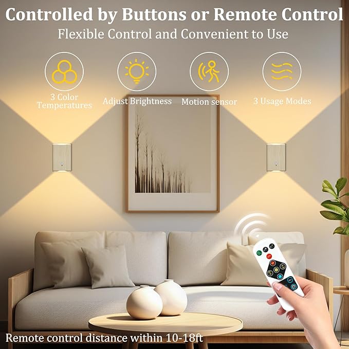 Battery Powered Wall Sconce Set of 2: 5000mAh Rechargeable Motion Sensor Wall Light with Remote, 3 Colors Wireless Sconce Magnetic Motion Sensor Night Light Indoor for Bedroom Hallway Stair, Beech