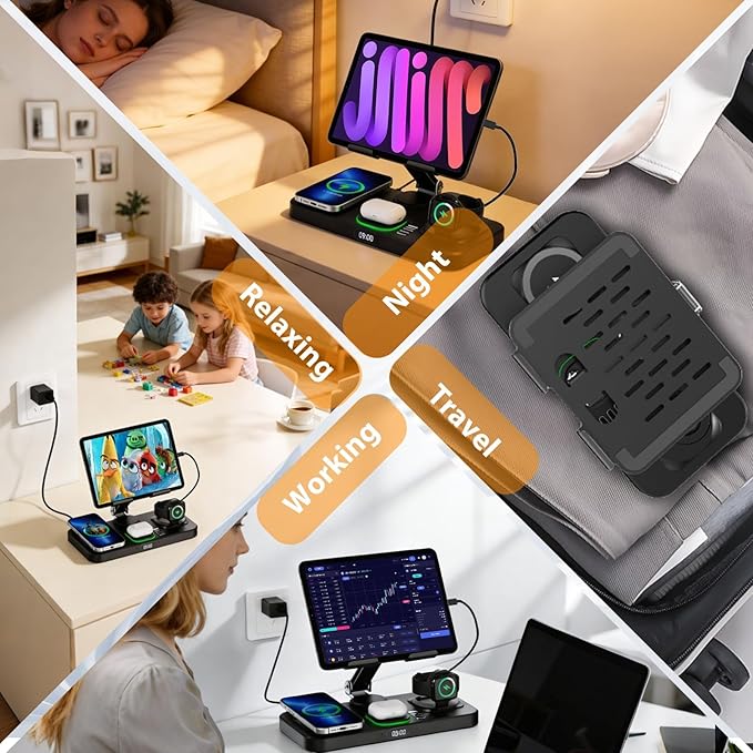 30W Charging Station for Apple Products, Foldable Wireless Charger with Clock Display&7 Color Light, Wired Charging for iPad/Tablet Charging Station for iPhone17, for Apple Watch11 for AirPods4(Black