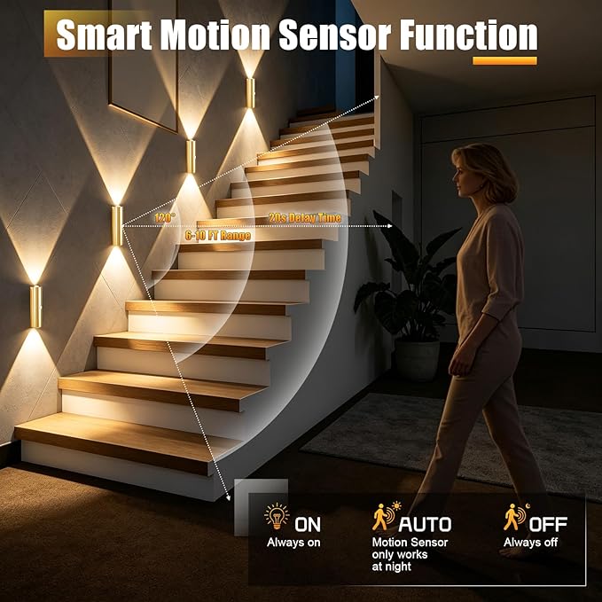2 Pack Motion Sensor Wall Light, Rechargeable Wall Sconces Battery Operated with 3 Colors & Dimmable, Magnetic Wireless Wall Sconces for Stair Bedroom Hallway Bathroom (Gold)