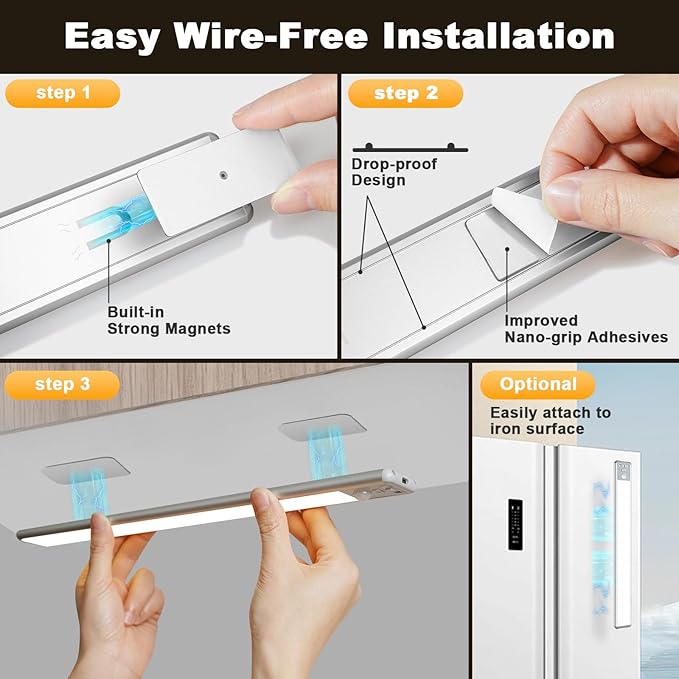BLS 10inch Under Cabinet Lighting, 80 LED Motion Sensor Light Indoor, 1800mAh Rechargeable Wireless Closet Lights, 4 Sensor Modes, 3 Color Dimmable Magnetic Under Counter Lights for Kitchen, 2 Pack