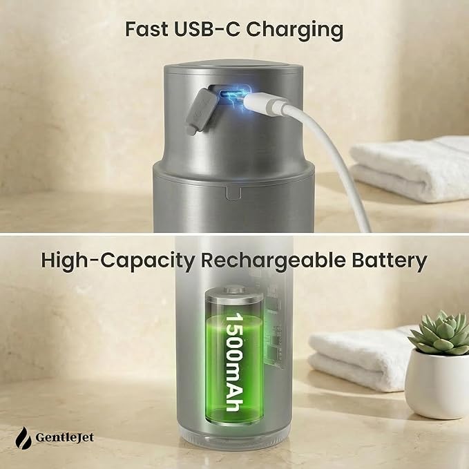 GentleJet CrystalJet Automatic Liquid Soap Dispenser Touchless Sensor, Stainless Steel, USB-C Rechargeable, Waterproof Kitchen & Bathroom Countertop Soap Dispenser, 300 ml
