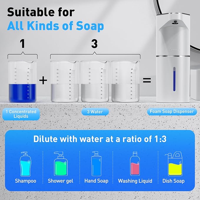 Fantictas Automatic Soap Dispenser,Touchless Hand Wall Mount Rechargeable 3 Gear Adjustable Electric Soap Dispenser 350ml with Infrared Motion Sensor for Bathroom,Kitchen,Office, White Foam