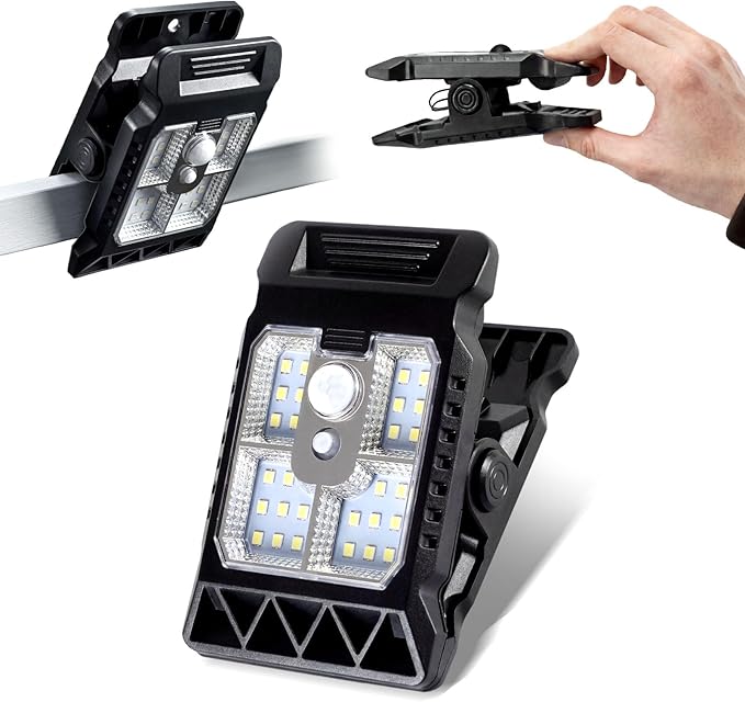 Clip On Solar Lights Outdoor, Motion Sensor Solar Fence Lights with 3 Modes, Wireless Security Lights for Deck, Gutter, Patio, Camping (1 Pack)