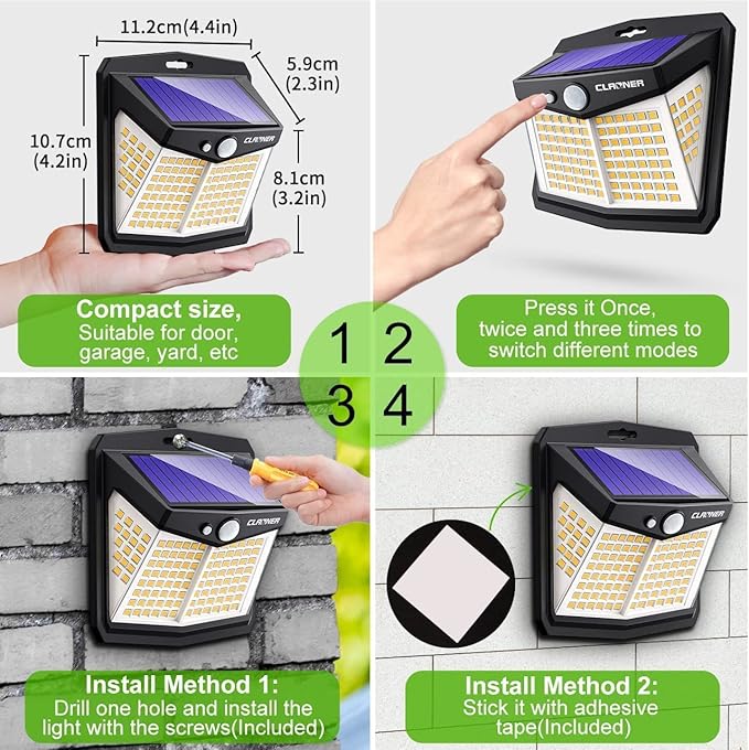 CLAONER Solar Lights Outdoor, [128 LED/4 Packs] Solar Motion Sensor Lights 3 Working Modes Outdoor Lights with 270° Wide Angle Wireless IP65 Waterproof Solar Security Light for Fence Patio, Warm White