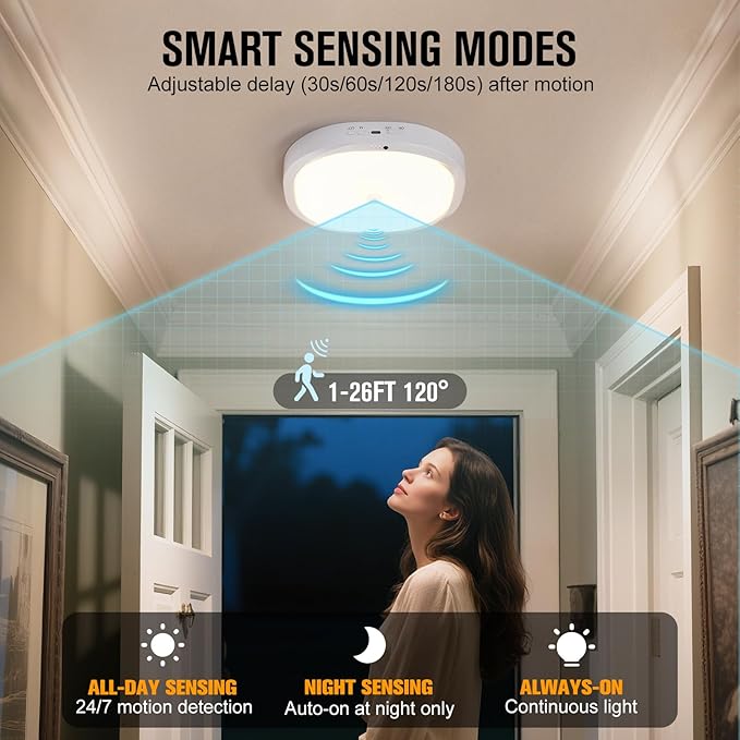 Rechargeable Motion Sensor Ceiling Light Indoor, 10000mAh Battery Operated Closet Light with Remote Control, Magnetic Mount Shower Light for Bathroom/Pantry/Garage 2-Pack