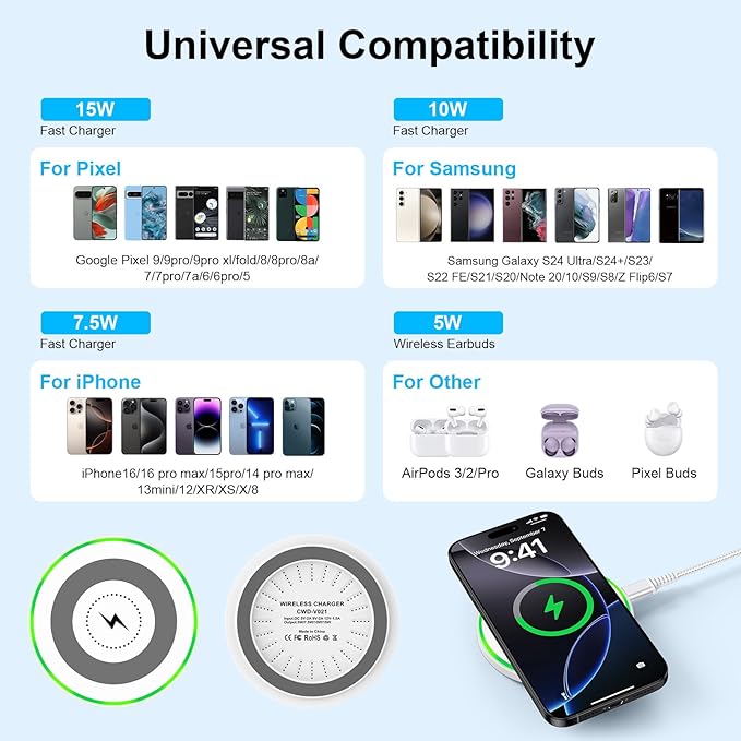 15W Pixel 10 9 8 Wireless Charger Fast Charging Pad For Google Pixel 10a 10Pro XL/Fold 9pro 8pro 8a 7a, Wireless Charger Pad for iPhone 17/16/15, Samsung Galaxy S26 S25 S24 FE S24 Z Fold6 23 Ultra S22