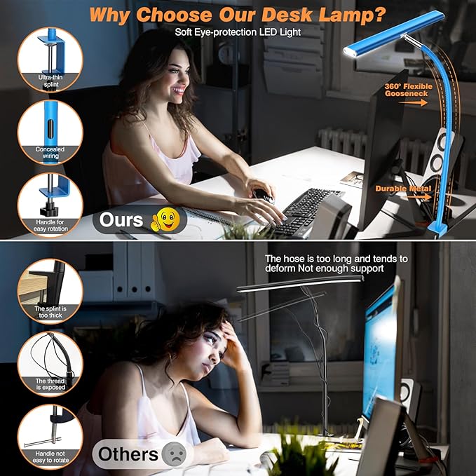 Airlonv LED Desk Lamp for Office Home, Eye-Caring Desk Light with Stepless Dimming Adjustable Flexible Gooseneck, 10W USB Adapter Desk Lamp with Clamp for Reading, Study, Workbench (Blue)
