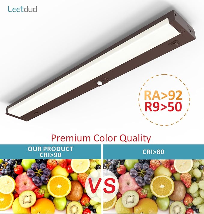 Leetdud Under Cabinet Lighting Motion Sensor Hardwired, 24 Inch 12W Dimmable, 5 CCT 2700/3000/3500/4000/5000K, Eyes Care Design Linkable Under Counter Lights for Kitchen, Sink, ETL Listed, Bronze