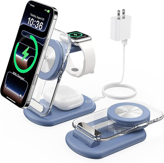 3 in 1 Magnetic Wireless Charging Station for Apple Devices, Fast Foldable Travel Mag-Safe Charger Stand with Night Light for iPhone 17 16 15 14 13 12 Series, Apple Watch/AirPods Pro, BU