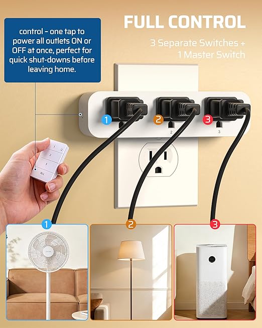 DEWENWILS Remote Control Outlet with 3 Independent Control Sockets, Compact Wireless Remote Outlet Switch Plug, 100FT Range, 15A/1875W, Battery Included, White