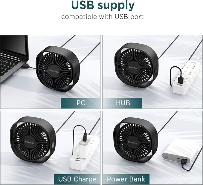 EasyAcc USB Small Desk Fan, Slumber Pod Fan [360°Rotatable Head &Powerful ] 3 Speeds Portable Personal Table Travel Fan for Sleeping Desk Cruise Ship Dorm Bedroom Office Office (No Battery)