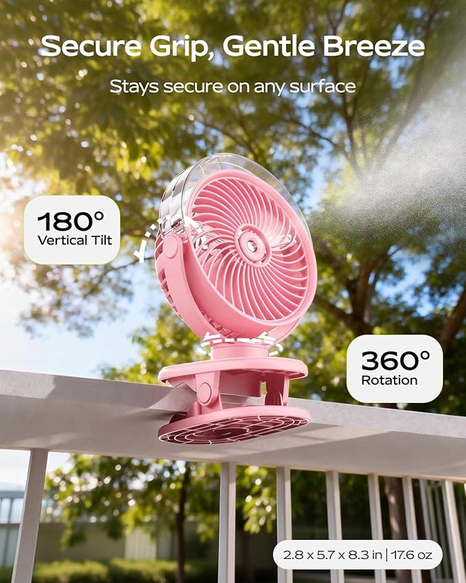 SWEETFULL Portable Misting Clip On Fan, USB-C Rechargeable Mini Personal Cooling Fan with 4 Speeds, 360° Rotatable, Quiet Cooling for Outdoor, Camping, Golf Cart, Travel, Stroller & Desk (Pink)