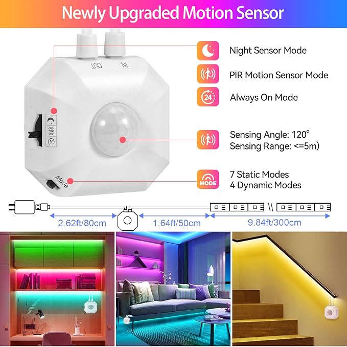 Motion Sensor LED Light Strip, 2x9.8Ft RGB LED Strip Lights Motion Activated Under Bed Lights, App Control Music Sync Strip Lights with Remote, USB Under Cabinet Lights for Kitchen Closet Stair