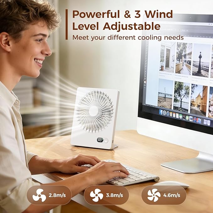 Zuvas Desk Fan Battery Operated Fan Rechargeable 180°Tilt Folding Personal Fan Ultra Quiet Small Portable 3 Speed Adjustable Strong Wind Fan For Office Bedroom Home Desktop Camping (White)