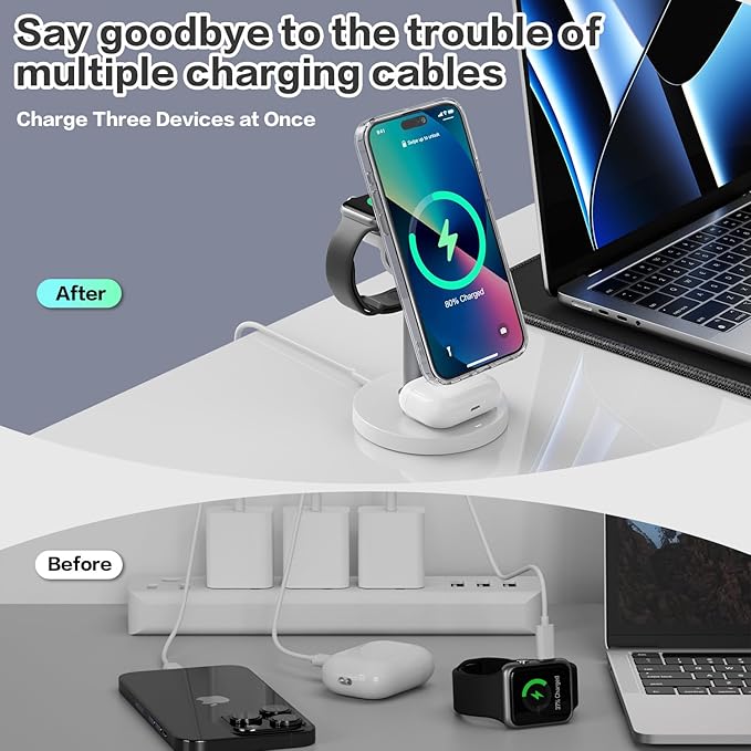 3 in 1 Wireless Charging Station Compatible with MagSafe, 15W Fast Charging Magnetic Mag-Safe Charger Stand for Apple iPhone 17 16 15 14 13 12Series Apple Watch AirPods Pro 4 3 2, Gifts for Men Dad
