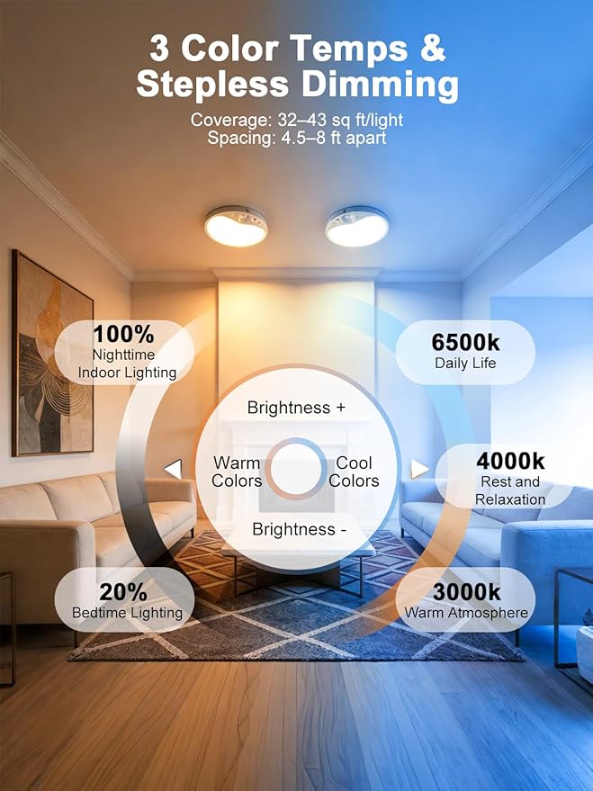 TANBABY 8000mAh Motion Sensor Ceiling Light with Remote, 3CCT Magnetic Battery Operated, 7'' Ultra Slim, Adjustable Timer 30/60/120s for Closet, Hallway, Stairs, Entryway, Pantry, Garage（2 Pack）