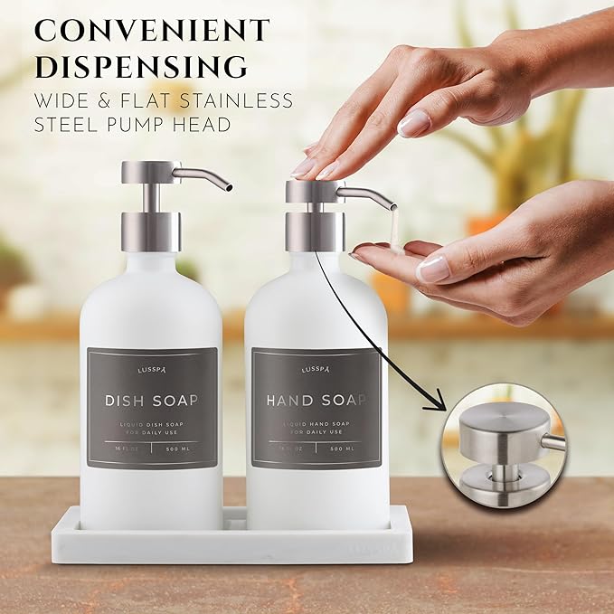 Glass Soap Dispenser Set of 2 (White) with Silicone Tray | Hand and Dish Soap Dispenser for Kitchen and Bathroom | 16.8 Oz Glass Bottles with Stainless Steel Pump & 15 Waterproof Labels (White/Silver)