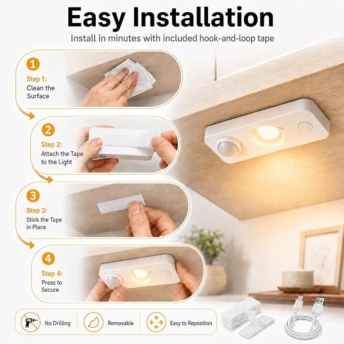 LightingWill LED Motion Sensor Puck Lights, Rechargeable Under Cabinet Lights, Stick on Wireless Night Lights, Dimmable Closet Lights for Drawer, Shelf, Hallway, Stairs, Warm White, 8 Pack