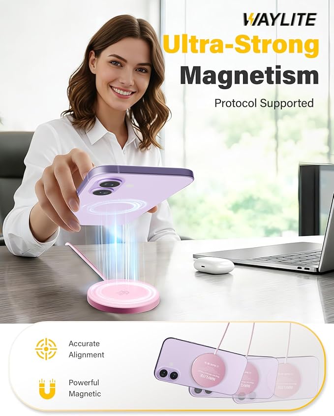 25W Wireless Charger for MagSafe,Qi2.2 Magnetic Fast Charging Pad for iPhone 17/16/15/14/13/12 Series&AirPods,Strong Magnet,Portable Wireless Charger for Travel Home Office (Pink, 4ft)