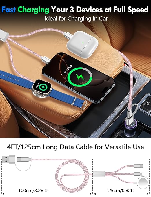 1Pack Multi Charging Cable Cord for Travel Essentials,Apple Watch Charger,iPhone Charger,[3-in-2] Type C/LCable Portable Designed for iWatch,iPhone 17-8,Galaxy S25-21,AirPods,iPad-4FT Pink