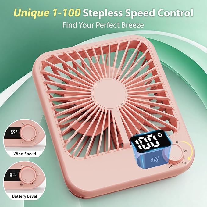 Travel Fan for Sleeping, Portable Fan for Summer Essentials, Small Desk Fan Rechargeable 100 Speed Wind for Beach FanTravel Essentials, Summer Must Haves Accessories Gifts for Women Teens Girl Pink