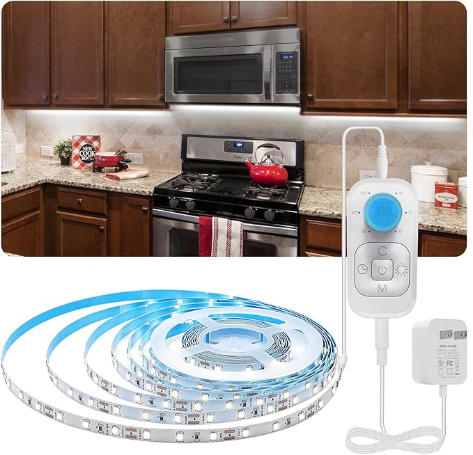 Motion Sensor LED Strip Light - Cabinet Strip Lights with 24W Plug, Dimmer and Timing, Indoor Light Strips for Kitchen Cabinets, Stair, Under Bed, Showcase, Bedroom, 9.84ft 6000K ColdWhite