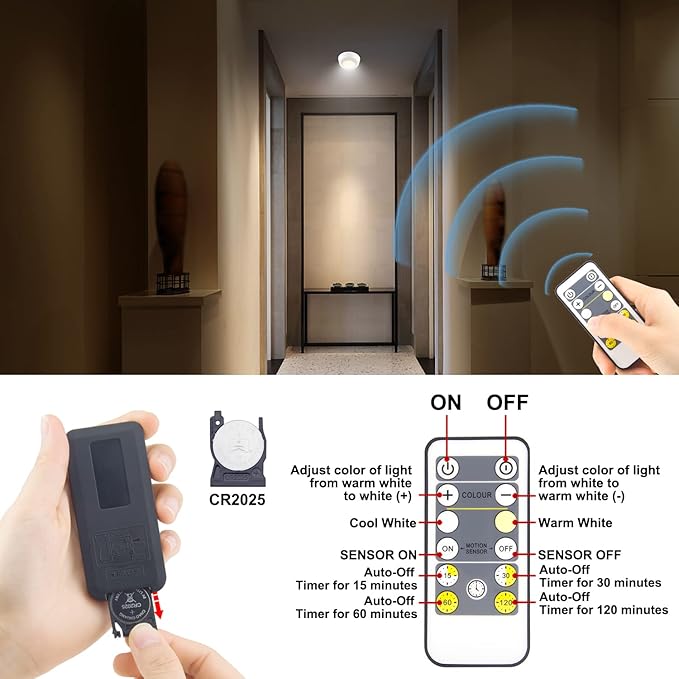BIGMONAT Wireless Ceiling Light with Remote and Timer, Dimmable Motion Sensor Shower Light, Battery Operated LED Overhead Lighting for Bathroom Closet Hallway Pantry Laundry Stairs, 300LMs, 5.6In