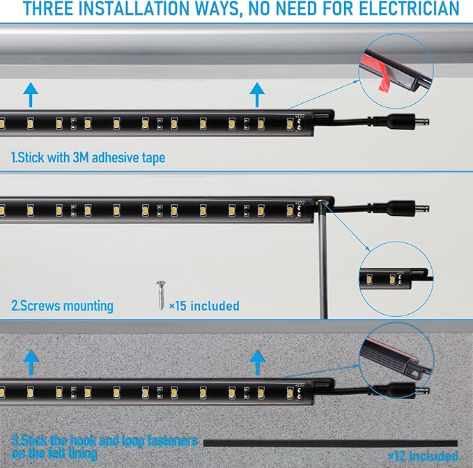 TORCHSTAR LED Safe Lighting Kit, (6) 12 Inch Linkable Light Bars + Rocker Switch + UL Power Adapter, 900LM, Input 100-240V, for Under Cabinet Gun Safe Locker Closet Showcase, 3000K Warm White