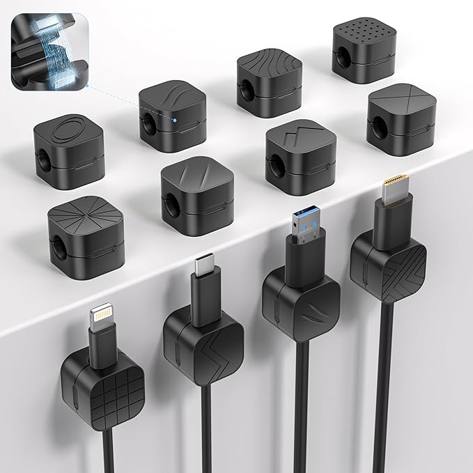 12Pack Cable Organizer Clips, Magnetic Cable Holder (1s Lock), XOVRAETH Strong Adhesive Wire Management for Desk, Nightstand, Living Room, Kitchen, Office, Car(BlackCS)