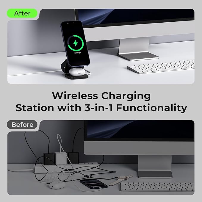 KU XIU X55 Turbo Qi 2.2 25W 3-in-1 Charging Station for Apple Device, Foldable Magnetic Charger for iPhone 17/16, 5W for Apple Watch & AirPods, Fast Travel Wireless Charging Stand with 45W Adapter