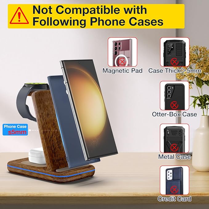 Wireless Charger for Samsung/Android, HOLYJOY Foldable 3 in 1 Fast Charging Station/Stand/Multi Charger for Samsung S25 Ultra/S24/Note 20, Travel Pad for Galaxy Watch 8/7/6/5/Active 2, for Buds(Wood)